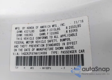 2017 Honda Accord Ex-L from USA, damaged, VIN 1HGCR2F87HA104696